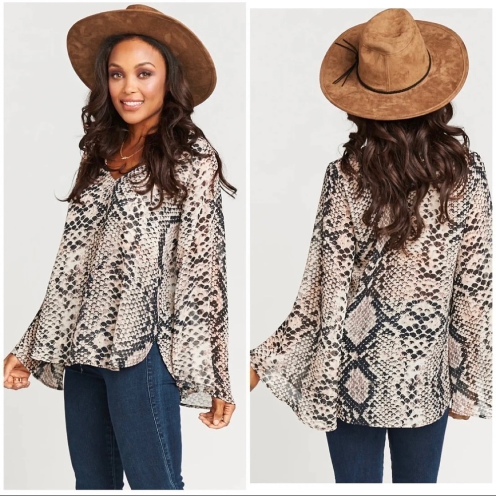 Show Me Your Mumu Womens Sz XS Snake Print Brown Black Bell Sleeve Blouse Top